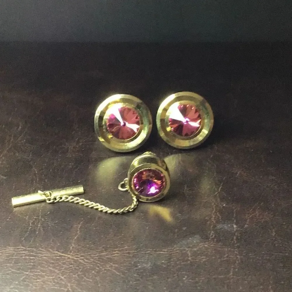 Vintage Cuff links ￼and tie tack gold and hot pink